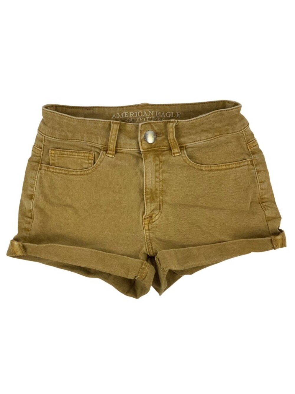 American Eagle Super Stretch Hi-Rise Tan Denim Shorts Womens Size 2 Rolled Cuff